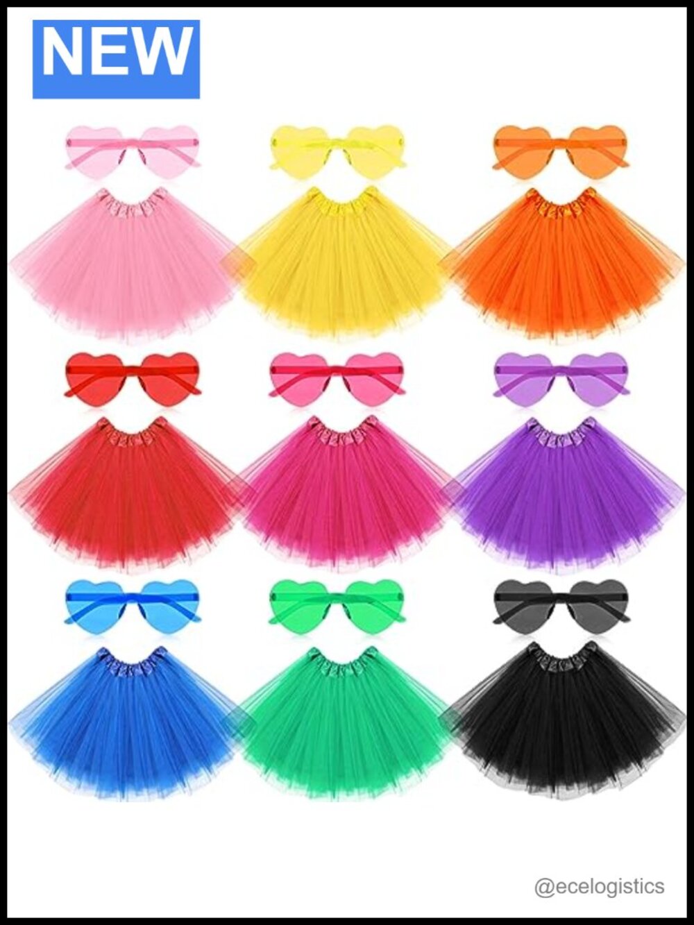 18 Pcs Tutu Skirts for Women Party Costume 4 Layered Tulle with Heart Sunglasses
